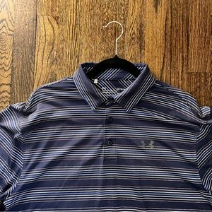 Under Armour Polo Shirt Mens Size L Black Striped Golf Short Sleeve Loose Fit
